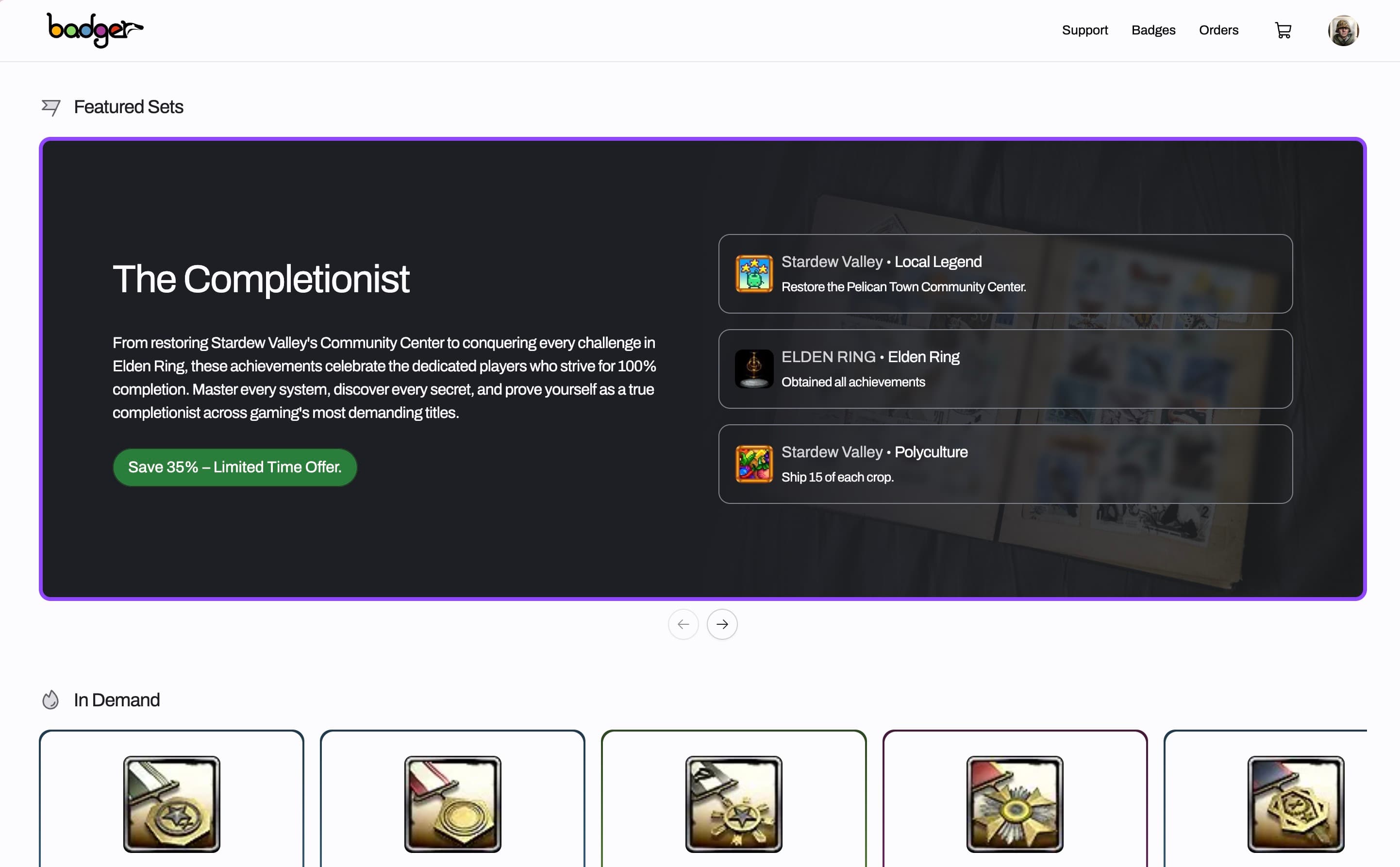 Badger platform showing achievements and badges